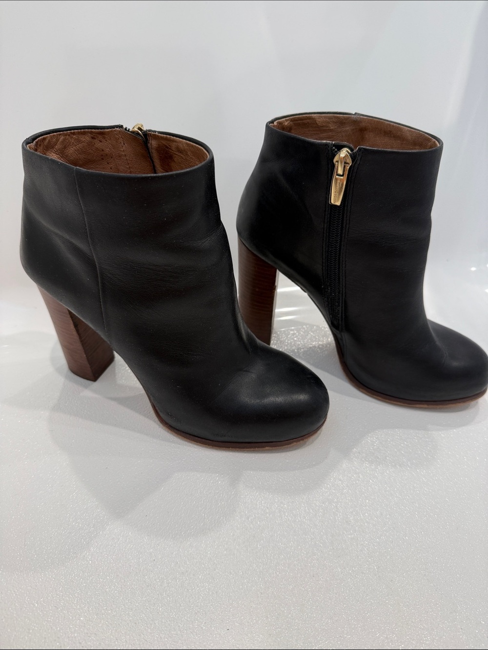 Vince Camuto Black Leather Ankle Booties with Wood Block Heel